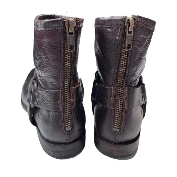 Frye Phillip Harness Distressed Dark Brown Leather Moto Ankle Boots Size 6.5 - Picture 3 of 11